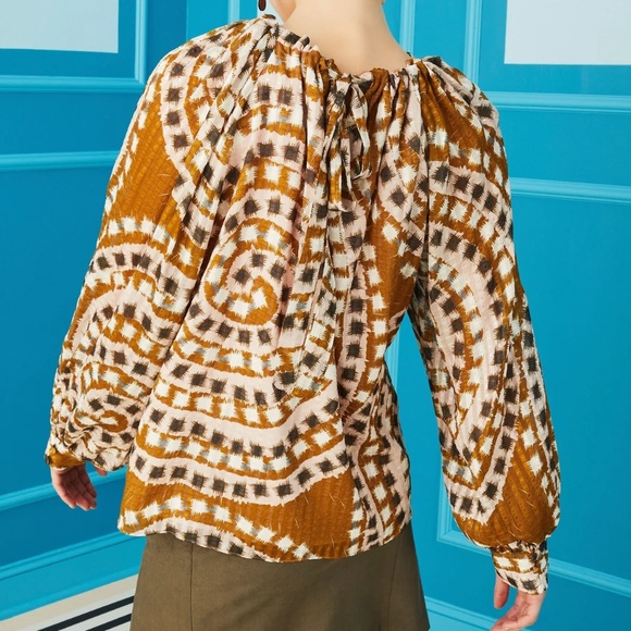 Marie Oliver Jenna Silk Blend Tapenade Mosaic Print Tie Back Blouse - M - Picture 3 of 15